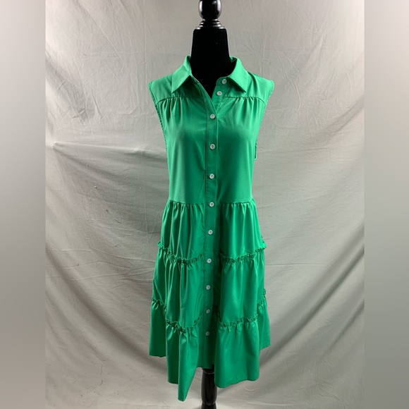 Green Button Front Ruffle Hem Shirt Dress Without Belt - Picture 7 of 7